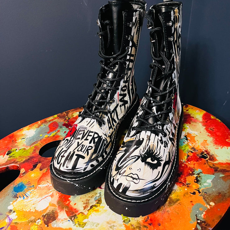 Size 10 Black and White Hand Painted Graffiti Boot