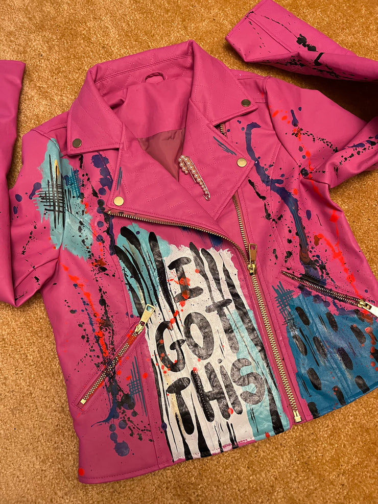 Size Medium (Cuts Small Fits Like (4-6)  Pink Loving All Of Myself Faux Leather Jacket