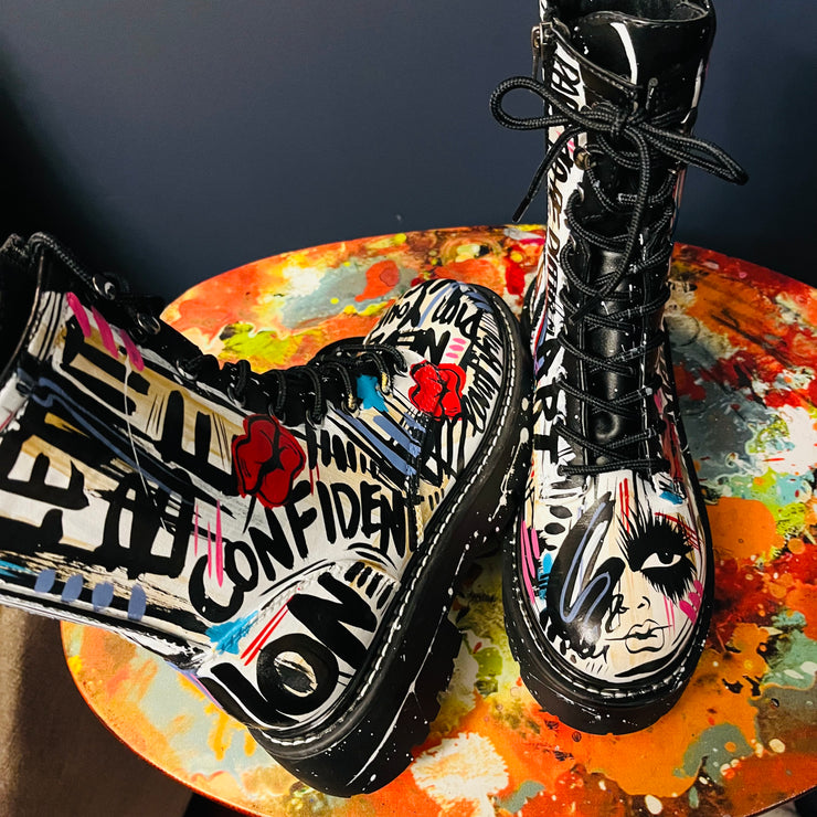 Size 8 Black and White Never Dim Your Light Graffiti Boot