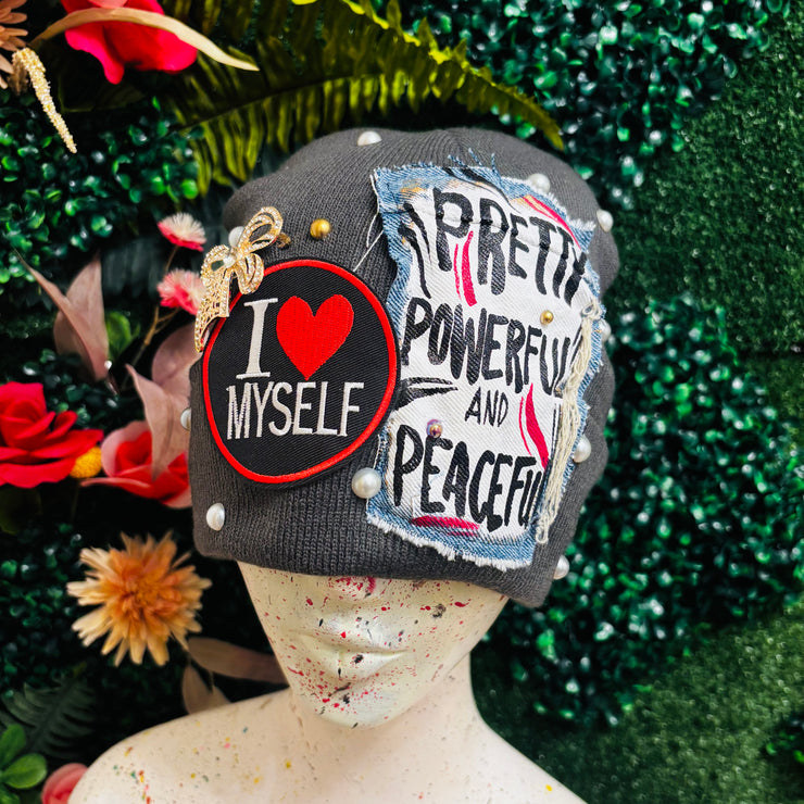 Gray Pretty, Powerful and Peaceful Beanie- No Lining Inside