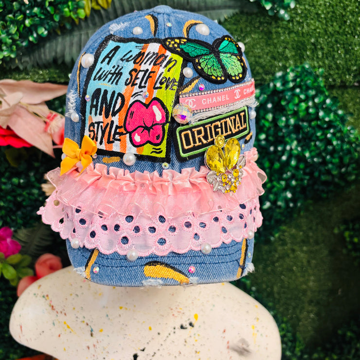 Denim A Woman With Self Love and Style w/ Pink Ruffles Dad Cap