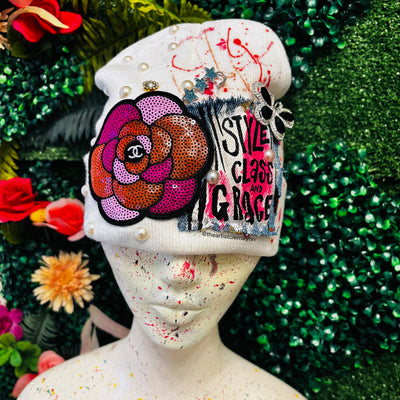 White Style, Class and Grace Beanie- No Lining Inside