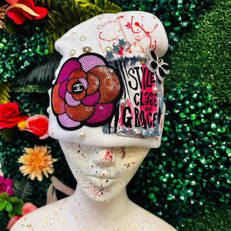 White Style, Class and Grace Beanie- No Lining Inside