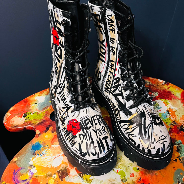 Size 10 Black and White Hand Painted Graffiti Boot