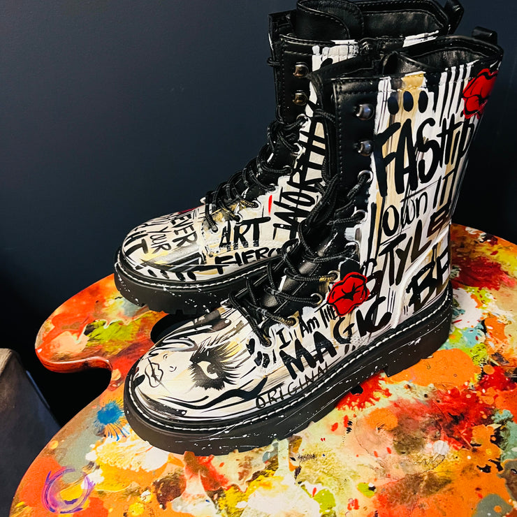 Size 10 Black and White Hand Painted Graffiti Boot