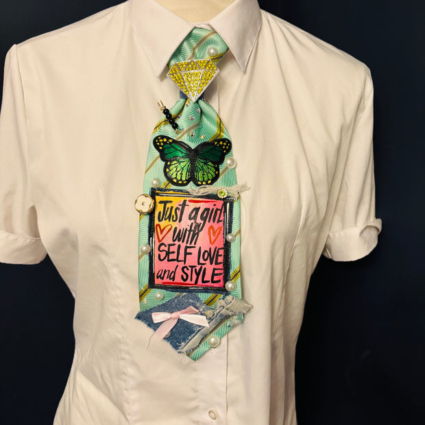 Green Just A Girl With Self Love and Style Upcycled Tie