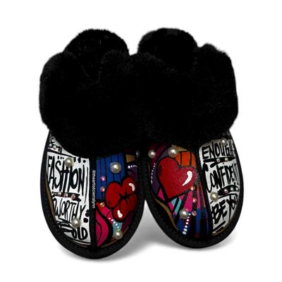 Size 9:  Black Statement Slippers w/ Blk and White