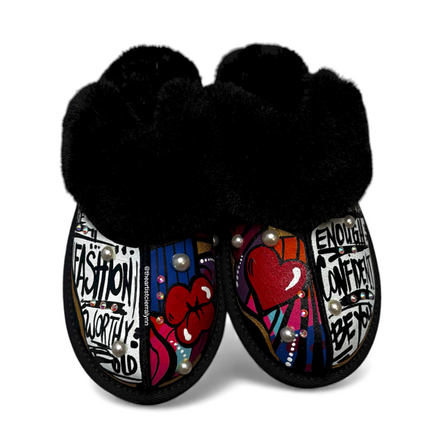Size 9:  Black Statement Slippers w/ Blk and White