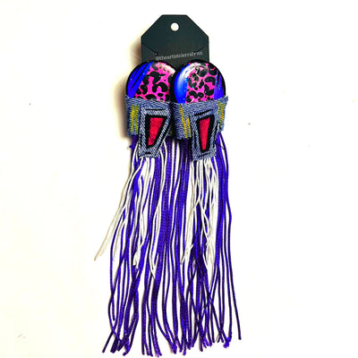 Denim Abstract Purple and White  Fringe Studs