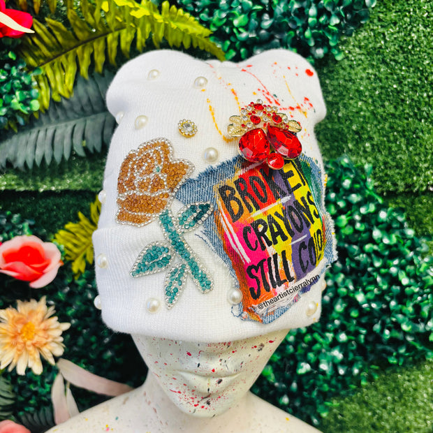 White Broken Crayons Still Color Beanie #2- No Lining Inside