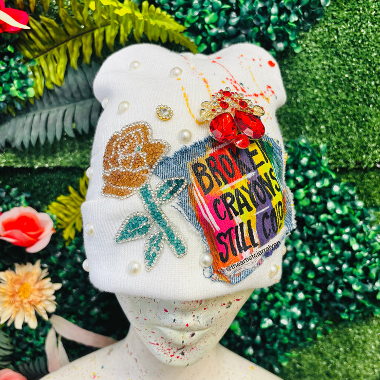 White Broken Crayons Still Color Beanie #2- No Lining Inside