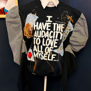 1 of 1 Unisex Fit MEDIUM:I Have The Audacity To Love All Of Myself Sweatshirt w/ Striped Puff Sleeves