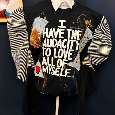 1 of 1 Unisex Fit MEDIUM:I Have The Audacity To Love All Of Myself Sweatshirt w/ Striped Puff Sleeves