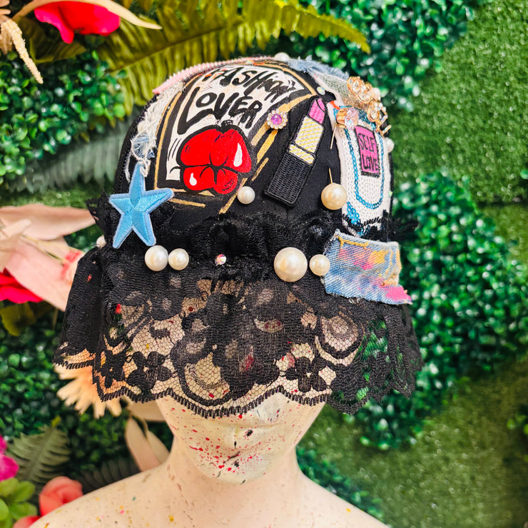 Brimless Hat- Black Fashion Lover w/ Lace