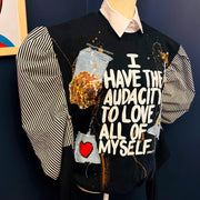 1 of 1 Unisex Fit MEDIUM:I Have The Audacity To Love All Of Myself Sweatshirt w/ Striped Puff Sleeves