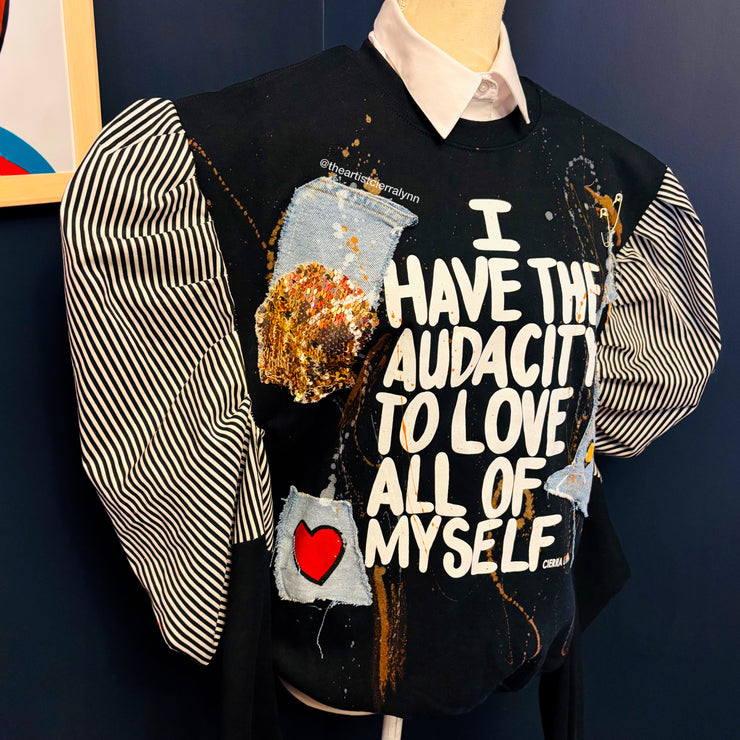 1 of 1 Unisex Fit MEDIUM:I Have The Audacity To Love All Of Myself Sweatshirt w/ Striped Puff Sleeves