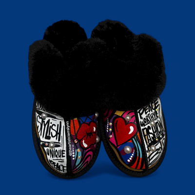 Size 8:  Black Statement Slippers w/ Blk and White