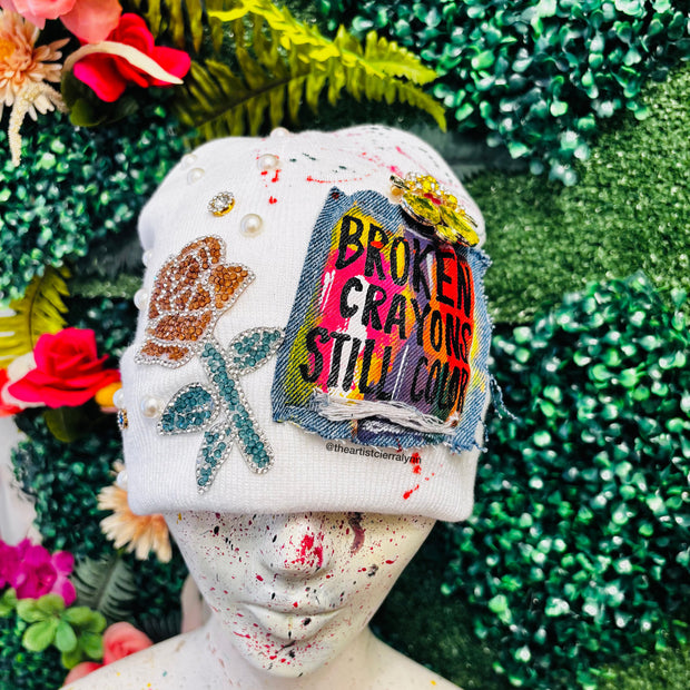 White Broken Crayons Beanie #1- No Lining Inside