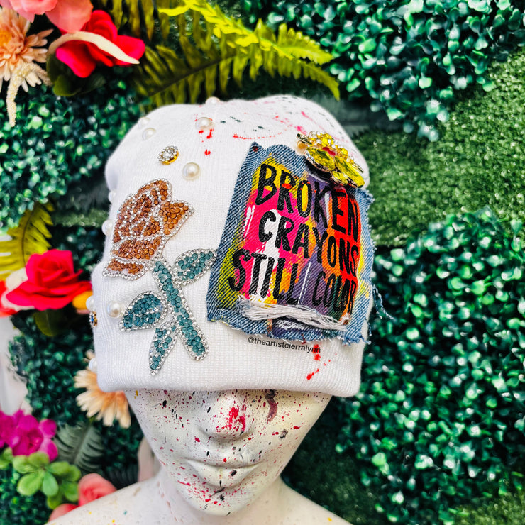 White Broken Crayons Beanie #1- No Lining Inside