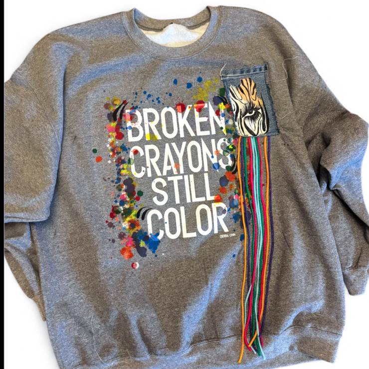 1 of 1 Hand painted - Unisex Fit 2X- LARGE- Gray Broken Crayons Sweatshirt