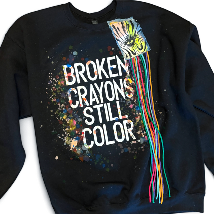 1 of 1 Hand painted - Unisex Fit LARGE- Black Broken Crayons Sweatshirt