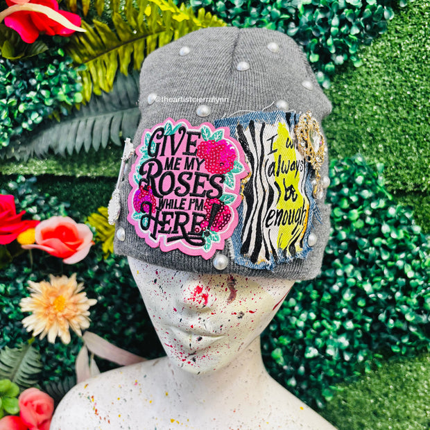 Light Gray Give Me My Roses While I’m Here Beanie- No Lining Inside